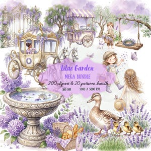 Peut inclure: Une collection d'illustrations numériques intitulée Lilac Garden Mega Bundle 200 clipart & 20 patterns bundle 300 DPI 5000 X 5000 PXL présentant des images style aquarelle d'une calèche, d'une charrette, d'un bain d'oiseaux, de canards et d'enfants.