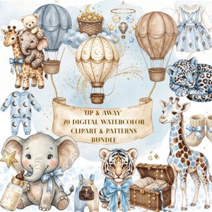 Immagini clipart e motivi per baby shower a tema safari celeste "Up and Away" in formato PNG / Grafiche per la cameretta dei bambini con mongolfiera / Stampe ad acquerello