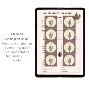 May include: A digital tablet displaying a Serotonin and Dopamine tracker template. The page features a cream background with cactus illustrations, eight circular habit tracking icons, and sections for daily nutrition, goals, and mood.