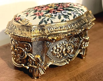 Vintage Gold Filigree Music Box, Floral Needlepoint Tapestry Jewelry Casket