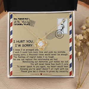 Könnte beinhalten: Eine goldfarbene Halskette mit einem Knoten-Anhänger und einem klaren Zirkonia-Stein, präsentiert in einer Schachtel mit einer Luftpost-Karte, auf der steht: I HURT YOU. I'M SORRY. I know I've wronged you. I wish I could turn back time.