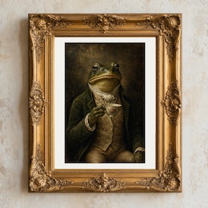 Whimsical Frog Printable Wall Art, Faux Antique Oil Portrait Dapper Frog Print, Funny Cottagecore Digital Download, Eclectic
