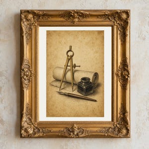 Vintage Wall Art Printable, 19th Century Copperplate Engraving Drafting Tools Still Life, Office Studio Decor, Digital Download Print