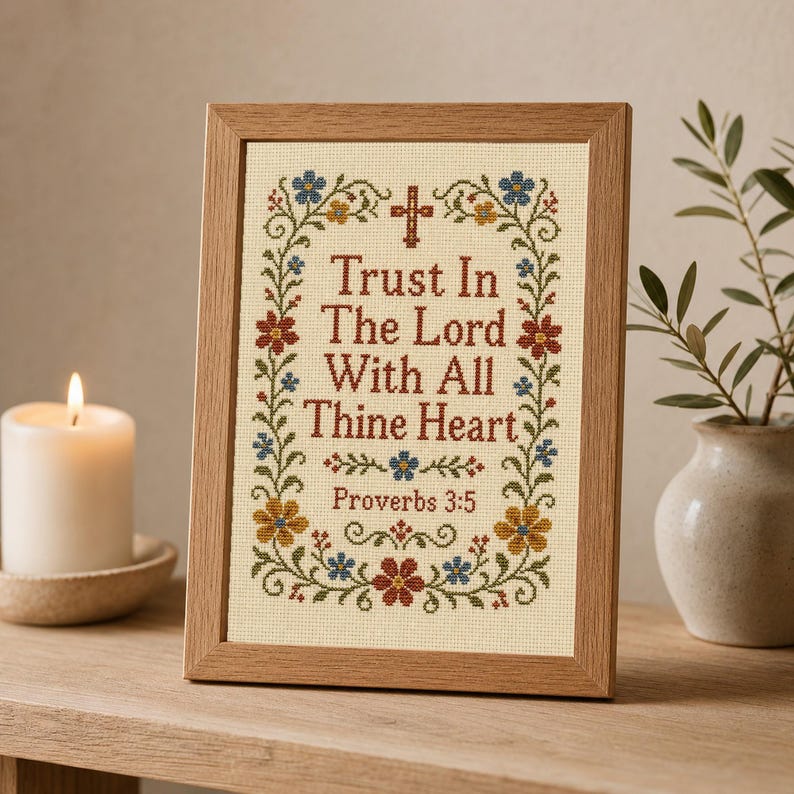 May include: A framed cross-stitch embroidery featuring the text Trust In The Lord With All Thine Heart Proverbs 3:5 in dark red lettering, surrounded by a decorative border of colorful flowers and green vines, enclosed in a light wood frame.