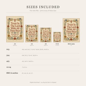 May include: A digital print guide displaying five variations of a floral-bordered wall art design featuring the text 'Trust In The Lord With All Thine Heart Proverbs 3:5'. The guide lists various aspect ratios and sizes in inches, including 24x36 in.