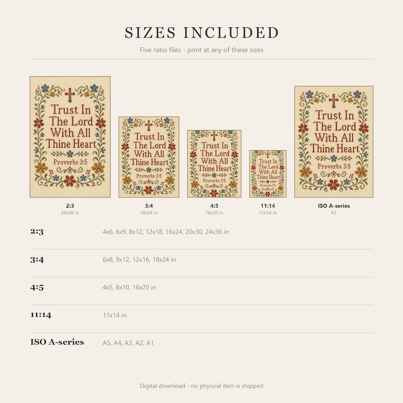 May include: A digital print guide displaying five variations of a floral-bordered wall art design featuring the text 'Trust In The Lord With All Thine Heart Proverbs 3:5'. The guide lists various aspect ratios and sizes in inches, including 24x36 in.