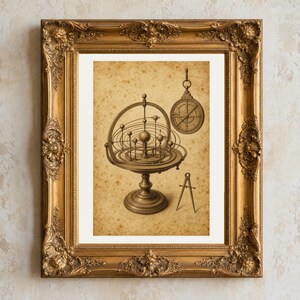 May include: A framed print featuring a sepia-toned illustration of an orrery, a circular navigational instrument, and a pair of drafting compasses. The artwork is encased in an ornate, antique gold-colored frame with intricate floral carvings.
