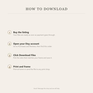 May include: An instructional graphic titled HOW TO DOWNLOAD with four numbered steps: 1. Buy the listing, 2. Open your Etsy account, 3. Click Download Files, and 4. Print and frame. The text includes sub-instructions for each step and a footer note.