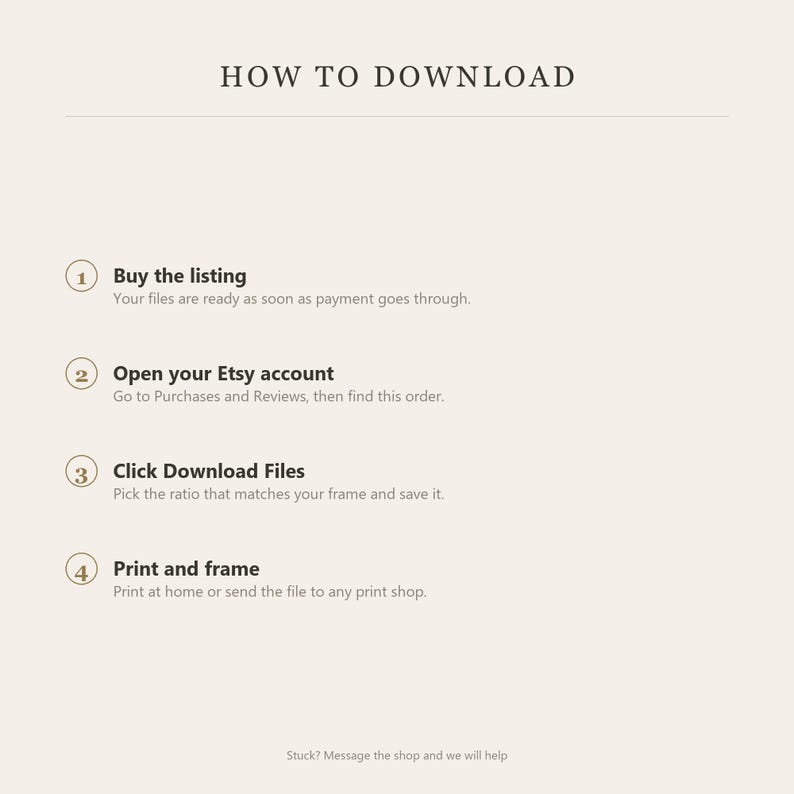 May include: An instructional graphic titled HOW TO DOWNLOAD with four numbered steps: 1. Buy the listing, 2. Open your Etsy account, 3. Click Download Files, and 4. Print and frame. The text includes sub-instructions for each step and a footer note.
