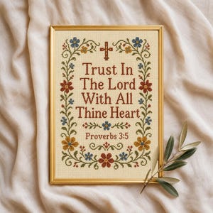 May include: A framed cross-stitch embroidery featuring the text Trust In The Lord With All Thine Heart Proverbs 3:5 in dark red lettering. The design is surrounded by a floral border with blue, red, and yellow flowers and a small cross.