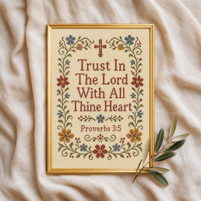 May include: A framed cross-stitch embroidery featuring the text Trust In The Lord With All Thine Heart Proverbs 3:5 in dark red lettering. The design is surrounded by a floral border with blue, red, and yellow flowers and a small cross.