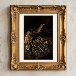 May include: A framed print featuring a dark, moody composition of vintage woodworking tools, including a wooden hand plane, several chisels with dark wooden handles, and a metal caliper, surrounded by scattered wood shavings on a dark surface.