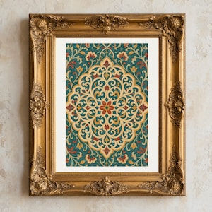 May include: A rectangular wall art print featuring a symmetrical damask pattern in teal, cream, and burnt orange, encased in an ornate, antique-style gold frame with intricate floral carvings and a distressed metallic finish on the edges.