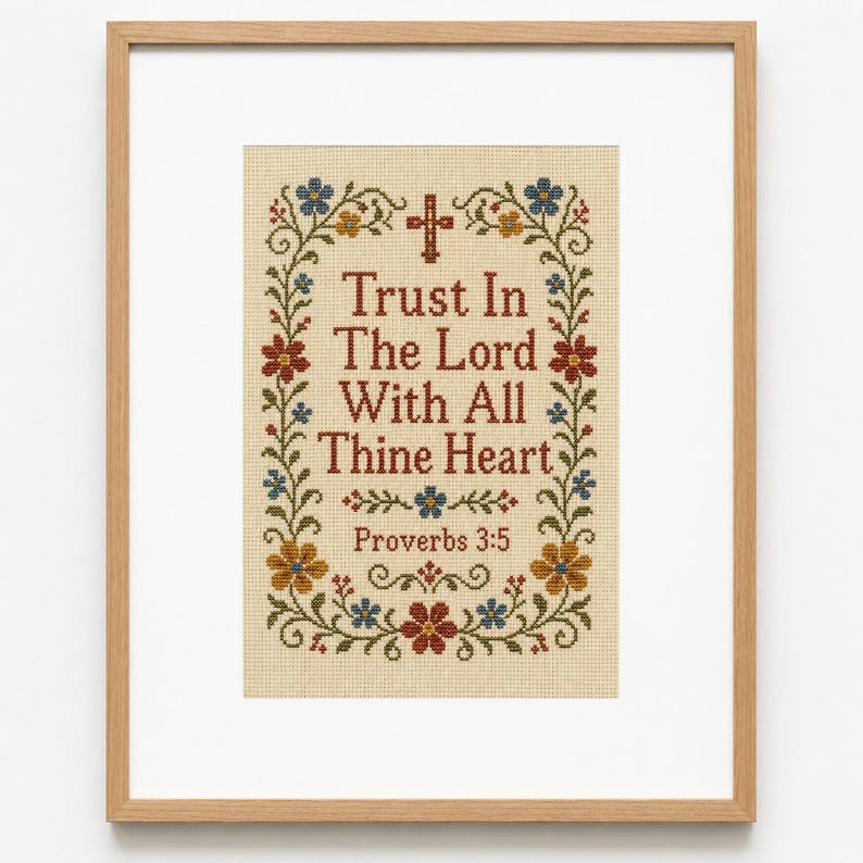 May include: A framed cross-stitch embroidery on beige fabric featuring the text "Trust In The Lord With All Thine Heart" and "Proverbs 3:5" in red. The design is surrounded by a floral border with blue, red, and yellow flowers and green vines.