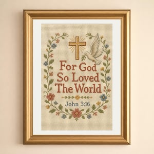 May include: A cross-stitch embroidery in a gold frame featuring a white dove, a gold cross, and the text "For God So Loved The World John 3:16" in red and blue, surrounded by a floral wreath of green leaves and small red, blue, and yellow flowers.