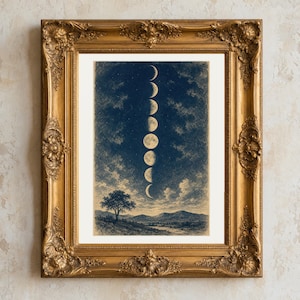 May include: A vertical wall art print in a decorative gold ornate frame featuring a dark blue night sky with a vertical sequence of moon phases above a landscape with a single tree and rolling hills in the distance under a cloudy sky.