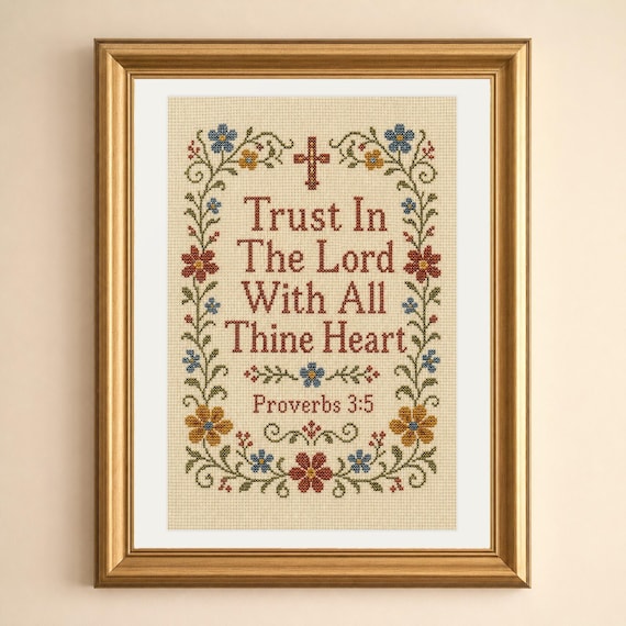 Trust In The Lord Printable Wall Art, Proverbs 3:5 Cross Stitch Bible Verse Sampler, Christian Farmhouse Scripture Decor