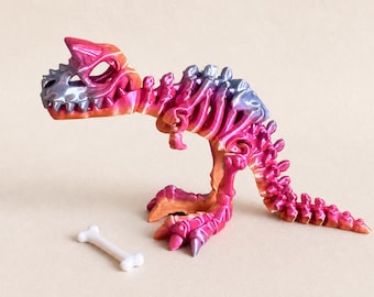 Articulated Carnotaurus Toy with Bone, 10 Inch 3D Printed Flexi Dinosaur, Unique Dinosaur Gift