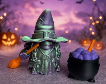 3D-Printed Articulated Witch Gnome Set with Cauldron, Broom and Spoon – Halloween Decor