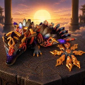 May include: A multi-colored articulated dragon figurine featuring metallic orange, purple, and dark grey segments with crystalline spikes along its back. A separate golden sun-shaped emblem with flame-like rays rests on the stone surface nearby.