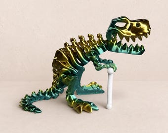 10-Inch Articulated T-Rex Skeleton Toy with Bone, 3D Printed Dinosaur, Choose Your Color
