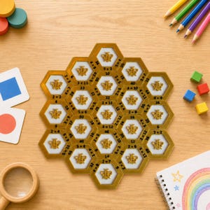 May include: A hexagonal multiplication learning set featuring gold-colored frames with white centers, each displaying a bee icon and a math equation. The pieces are arranged in a honeycomb pattern on a wooden surface with colored pencils and blocks.