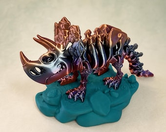 Articulated Triceratops Skeleton Toy with Display Base, 3D Printed Flexi Dinosaur