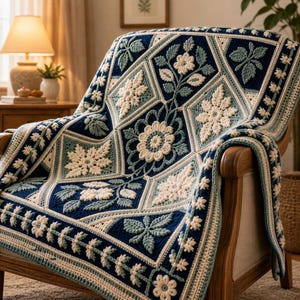 Può includere: Una coperta all'uncinetto con un motivo geometrico in filato blu navy, crema e verde salvia. Il design include intricati motivi floreali e a foglia con texture in rilievo, disposti in forme a rombo ed esagonali che si ripetono sul tessuto.