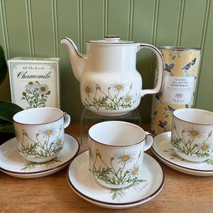 May include: A white ceramic teapot and three matching teacups with saucers, all decorated with a green and white daisy floral pattern and brown rims. A box labeled Of The Earth Chamomile and a cylindrical tin of Classic All Butter Shortbread.