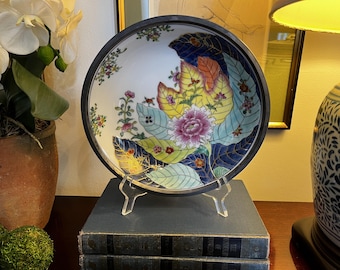 Vintage-Porzellanschale im Chinoiserie-Stil, mit Zinn ummantelt, handdekoriertes Pfingstrosenmotiv