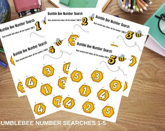 Búsqueda de números para preescolar/jardín de infancia • Búsqueda de números con abejorros • Aprende a contar del 1 al 5 • 5 hojas