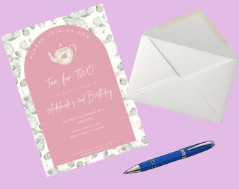 Invitación de cumpleaños con temática de fiesta de té, personalizable, descarga digital, invitación de 5x7 pulgadas Y póster para evento de Facebook.