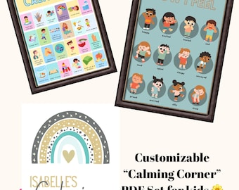 Paquete imprimible personalizable para crear un rincón de relajación / Tabla de emociones / Póster para calmarse / Regulación emocional infantil / Decoración para el aula (descarga en PDF)