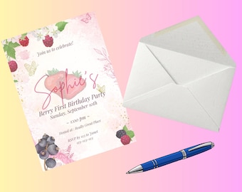 Invitación de cumpleaños y portada de evento de Facebook para niña • Primer cumpleaños de niña • Fiesta de dulces bayas • Invitación editable personalizada • Descarga digital