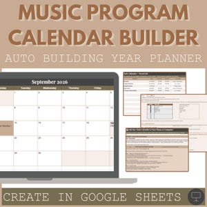 Könnte beinhalten: Ein digitaler Musikprogramm-Kalender-Ersteller für Google Sheets mit einer Monatsansicht für September 2026, einer Veranstaltungsliste und Anleitungen. Die Benutzeroberfläche ist in Braun und Weiß gehalten und zeigt klare Raster.