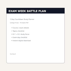 May include: A white study planner document titled EXAM WEEK BATTLE PLAN with a dark header. It lists features including a 7-Day Countdown Study Planner, course details, topics checklist, D-7 to D-1 study focus, exam-day checklist, and instant digital download.