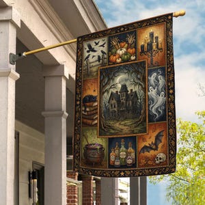 May include: A rectangular decorative flag featuring a collage of Halloween imagery including a haunted house, ghosts, a black cat on books, a bubbling cauldron, pumpkins, candles, a bat, and a skull, all framed by a dark border with leaf motifs.