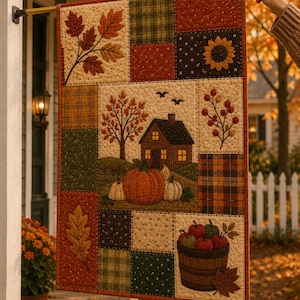 May include: A rectangular quilted garden flag featuring a patchwork design with autumn motifs. The center panel depicts a brown house, pumpkins, and trees. Surrounding blocks show sunflowers, apples in a basket, and fall leaves in orange, red, green, and brown tones.