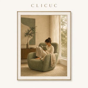Puede incluir: Una impresión de arte mural enmarcada con el texto CLICUC en la parte superior. La imagen muestra a una persona sentada en un sillón tapizado de color verde salvia, leyendo un libro y cubierta con una manta clara, en una habitación con ventana.