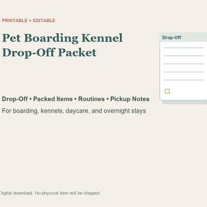 Puede incluir: Un documento imprimible y editable titulado Pet Boarding Kennel Drop-Off Packet. El texto incluye encabezados para Drop-Off, Packed Items, Routines y Pickup Notes, junto con un pequeño gráfico de lista de verificación para guarderías.