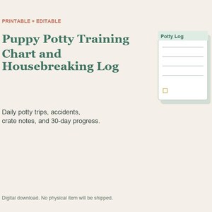 May include: A printable and editable puppy potty training chart and housebreaking log with dark green text on a light background. The document includes sections for daily potty trips, accidents, crate notes, and a 30-day progress tracker.