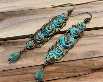Seashell Earrings, Framed metal seashells, Turquoise patina, Antique bronze, Turquoise glass drop bead, USA #7