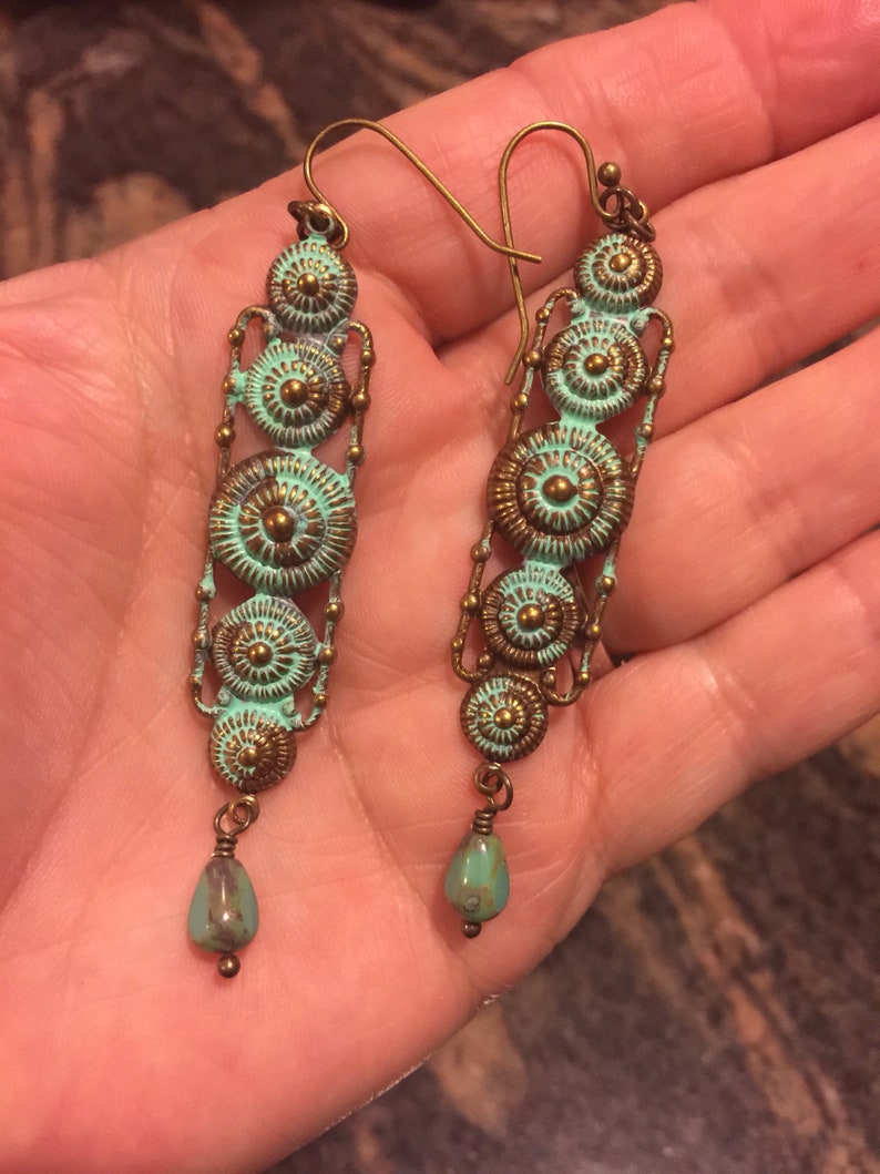 Seashell Earrings USA #7 Turquoise patina Antique bronze Framed metal seashells Turquoise glass drop bead