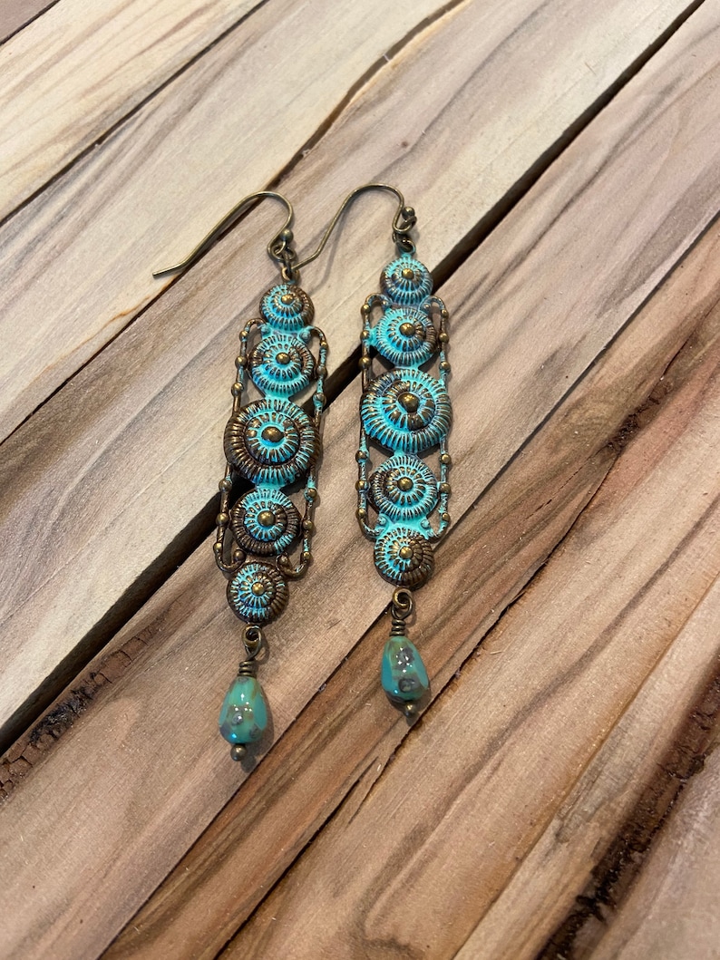 Seashell Earrings USA #7 Turquoise patina Antique bronze Framed metal seashells Turquoise glass drop bead