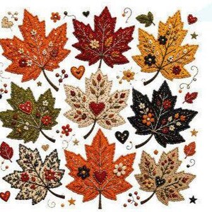 Puede incluir: Una colección de nueve hojas de arce bordadas en varios colores, incluyendo naranja, rojo, amarillo, verde, negro y crema. Cada hoja presenta intrincados bordados florales, pequeños motivos de corazón y detalles de cuentas.