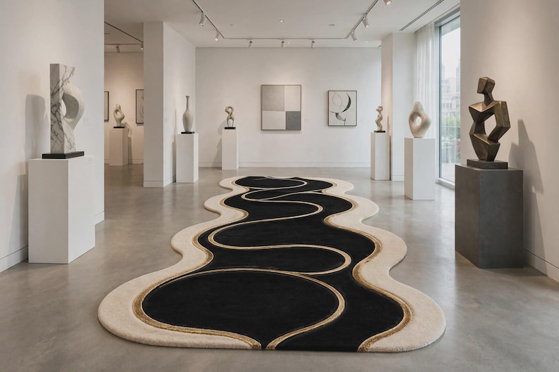 Wavy Edged Rug Hand Tufted Black Cream Gold Rug, Abstract Wavy Area Rug, Modern Decor ...