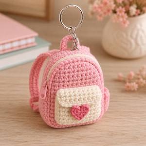 May include: A crocheted pink backpack keychain featuring a cream-colored front pocket with a small pink heart appliqué. The miniature bag has a silver metal keyring attached to the top handle and a matching pink zipper closure on the main compartment.