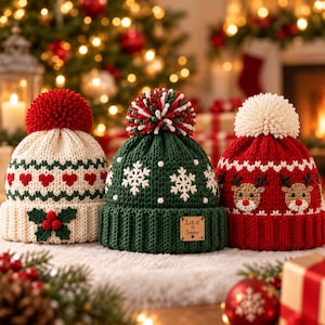 Puede incluir: Tres gorros de punto con pompones. El de la izquierda es crema con corazones rojos y acebo. El central es verde con copos de nieve blancos y una etiqueta que dice Let it Snow. El de la derecha es rojo con renos. Todos tienen puños acanalados.