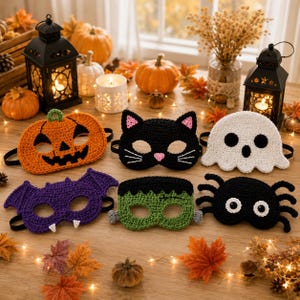 Crochet Halloween Masks Pattern PDF | Pumpkin Cat Ghost Bat Frankenstein Spider Masks