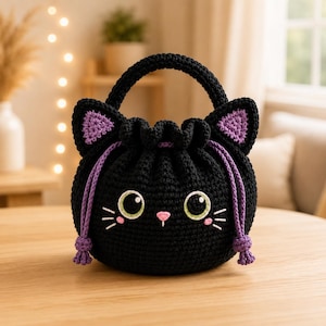 May include: A black crochet drawstring bag shaped like a cat, featuring purple inner ears, a round handle, and a face with white and green eyes, a pink nose, and white whiskers. The bag is cinched with purple cords that have knotted ends.